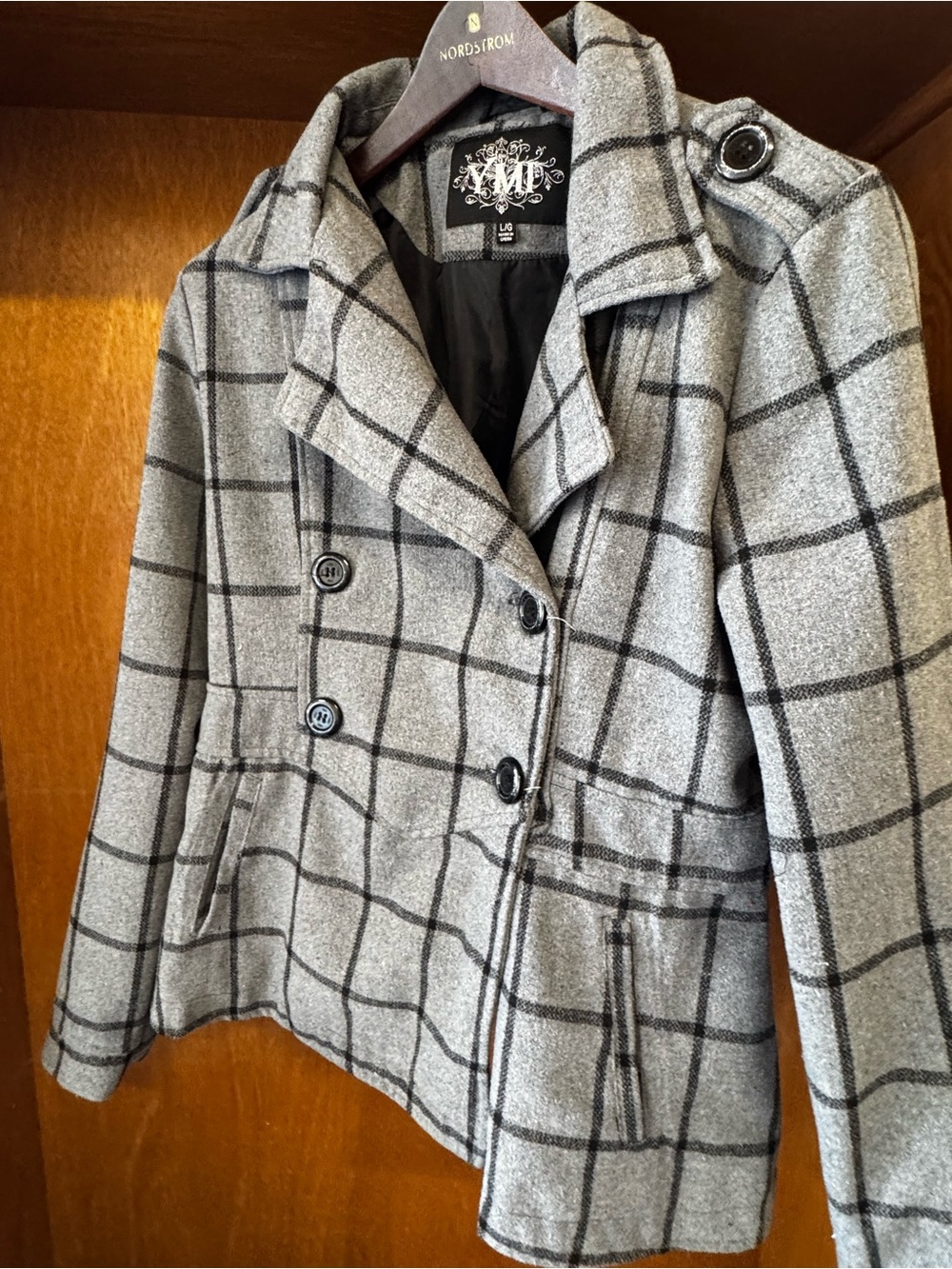 YMI - size large Gray Plaid Double-Breasted Peacoat